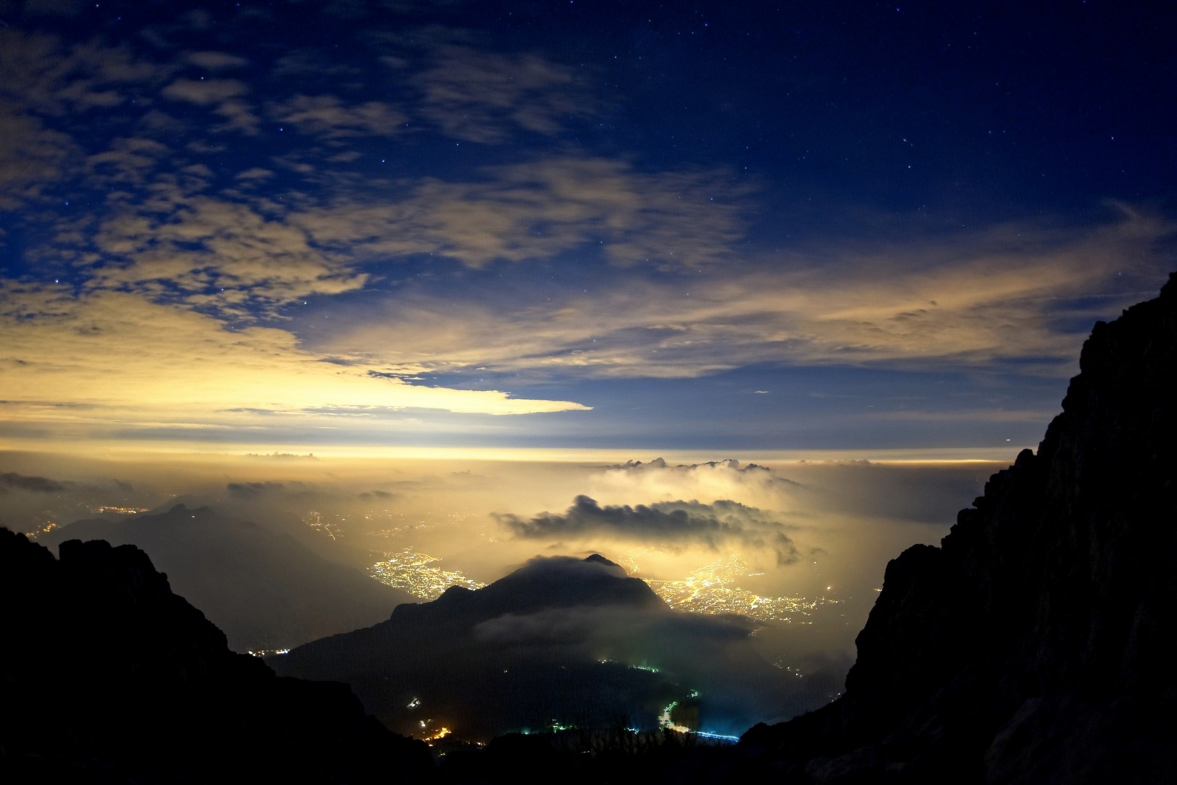 landscape, Nature, Mist, Valley, Evening, Stars, Sky, Clouds, City, Lights, Mountain, Italy Wallpaper