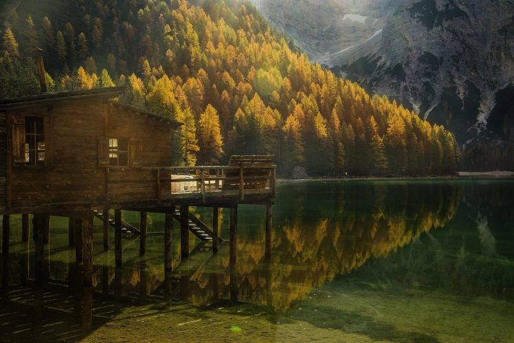 landscape, Nature, Fall, Forest, Mountain, Lake, Cabin, Reflection, Sunlight, Italy HD Wallpaper Desktop Background