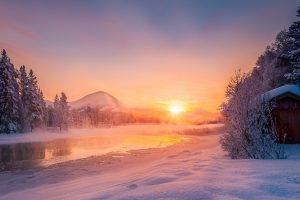 nature, Landscape, Sunrise, Winter, River, Mountain, Snow, Forest, Cabin, Cold, Sun Rays, Norway, Meditation, Calm