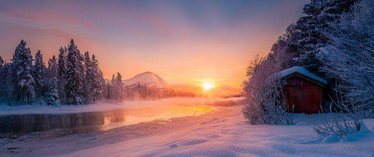 nature, Landscape, Sunrise, Winter, River, Mountain, Snow, Forest, Cabin, Cold, Sun Rays, Norway, Meditation, Calm HD Wallpaper Desktop Background