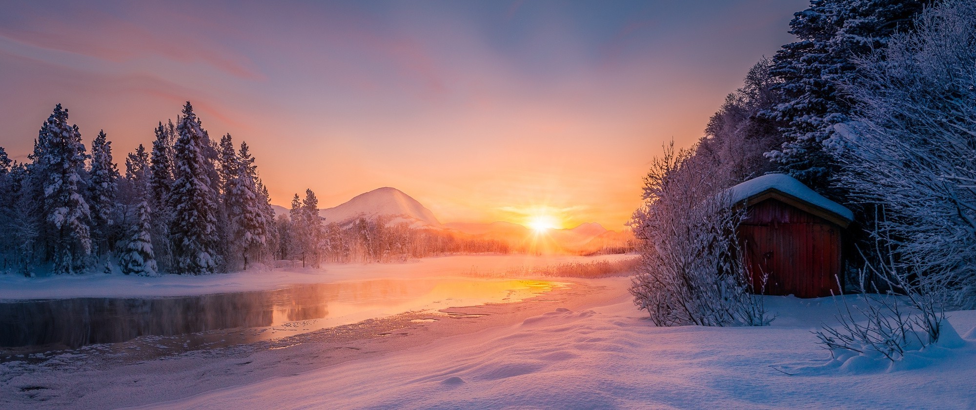 nature, Landscape, Sunrise, Winter, River, Mountain, Snow, Forest, Cabin, Cold, Sun Rays, Norway, Meditation, Calm Wallpaper