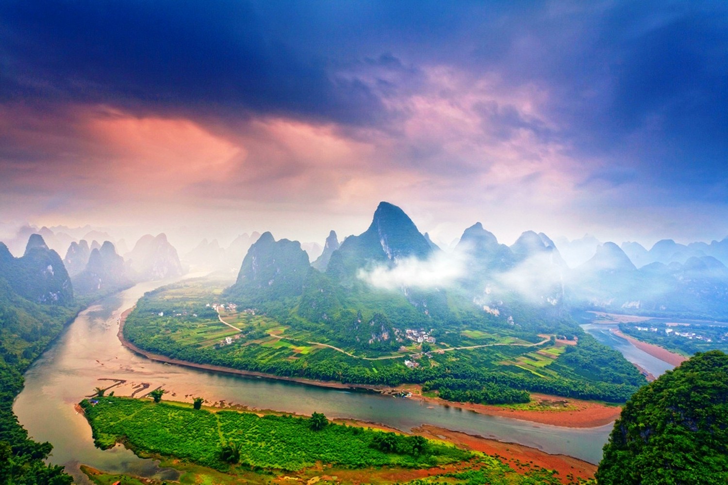 nature, Landscape, Sunrise, Mist, Mountain, River, Clouds, Guilin, China, Village, Field, Road, Morning, Sky Wallpaper