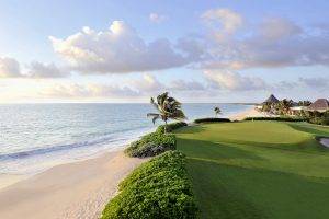 nature, Landscape, Water, Sea, Mexico, Golf Course, Palm Trees, Sand, Grass, House, Field, Clouds, Horizon, Sunlight, Windy, Beach