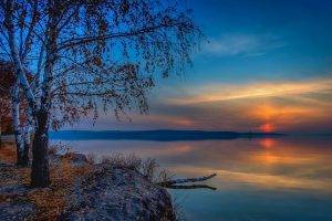 landscape, Nature, Lake, Sunset, Fall, Leaves, Clouds, Reflection, Trees, Birch, Calm, Russia