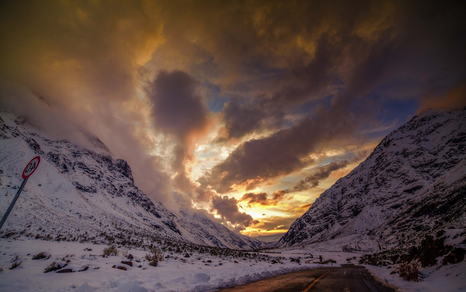 landscape, Nature, Mountain, Road, Sunset, Snow, Sky, Clouds, Sunlight, Shrubs, Winter, Chile Wallpaper