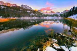 nature, Landscape, Lake, Mountain, Forest, Water, Reflection, Sunset, Snowy Peak, Mist, Snow, Trees