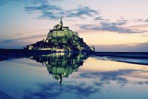 photography, Building, Monuments, Island, Mont Saint Michel, Monastery, Landscape, Church, World Heritage Site, Sunset, Water, Sea