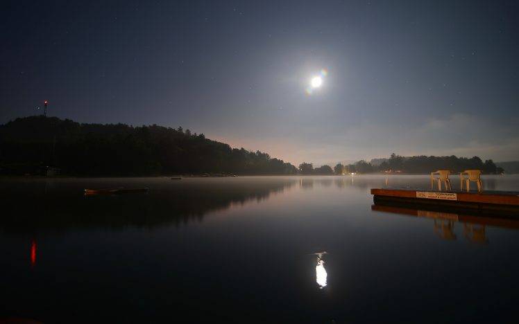photography, Landscape, Water, Night, Moon, Reflection, Lake, Trees, Nature HD Wallpaper Desktop Background
