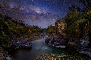 nature, Landscape, The Devils Throat, River, Canyon, Trees, Shrubs, Starry Night, Milky Way, Galaxy, Chile, Long Exposure