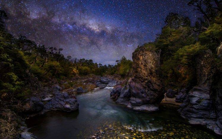 nature, Landscape, The Devils Throat, River, Canyon, Trees, Shrubs, Starry Night, Milky Way, Galaxy, Chile, Long Exposure HD Wallpaper Desktop Background