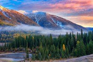 nature, Landscape, Mountain, Forest, Fall, Sunrise, River, Mist, Snow, Trees, Clouds, China
