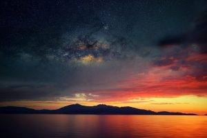 nature, Landscape, Island, Evening, Stars, Sky, Milky Way, Galaxy, Sea, Calm, Corsica, Long Exposure