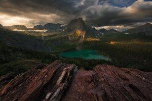 landscape, Nature, Lake, Forest, Mountain, Sunset, Clouds, Glacier National Park, Montana, Sunlight