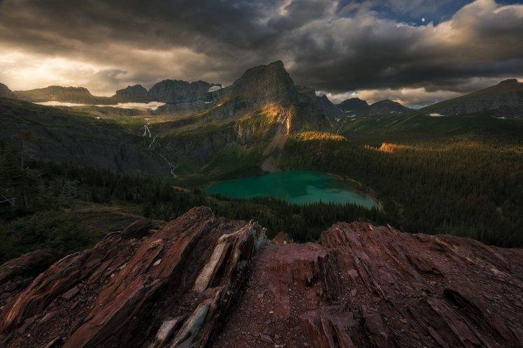 landscape, Nature, Lake, Forest, Mountain, Sunset, Clouds, Glacier National Park, Montana, Sunlight HD Wallpaper Desktop Background