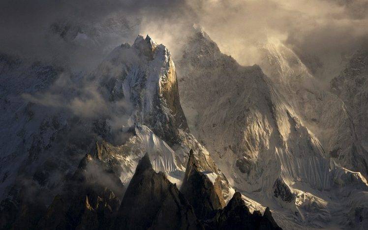 landscape, Nature, Himalayas, Snowy Peak, Clouds, Summit, Mountain, Sunlight, Pakistan HD Wallpaper Desktop Background