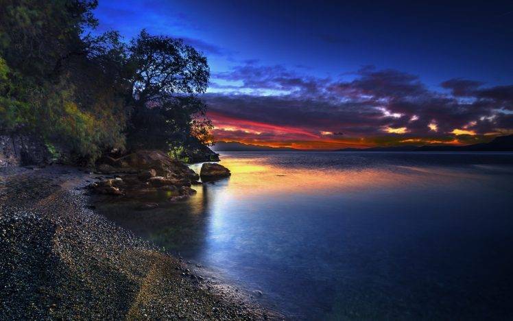 landscape, Nature, Island, Beach, Sunrise, Sea, Trees, Hill, Sky, Clouds, Calm, Greece HD Wallpaper Desktop Background