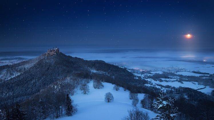 landscape, Nature, Winter, Castle, Snow, Forest, Moon, Starry Night, Moonlight, Valley, Germany HD Wallpaper Desktop Background