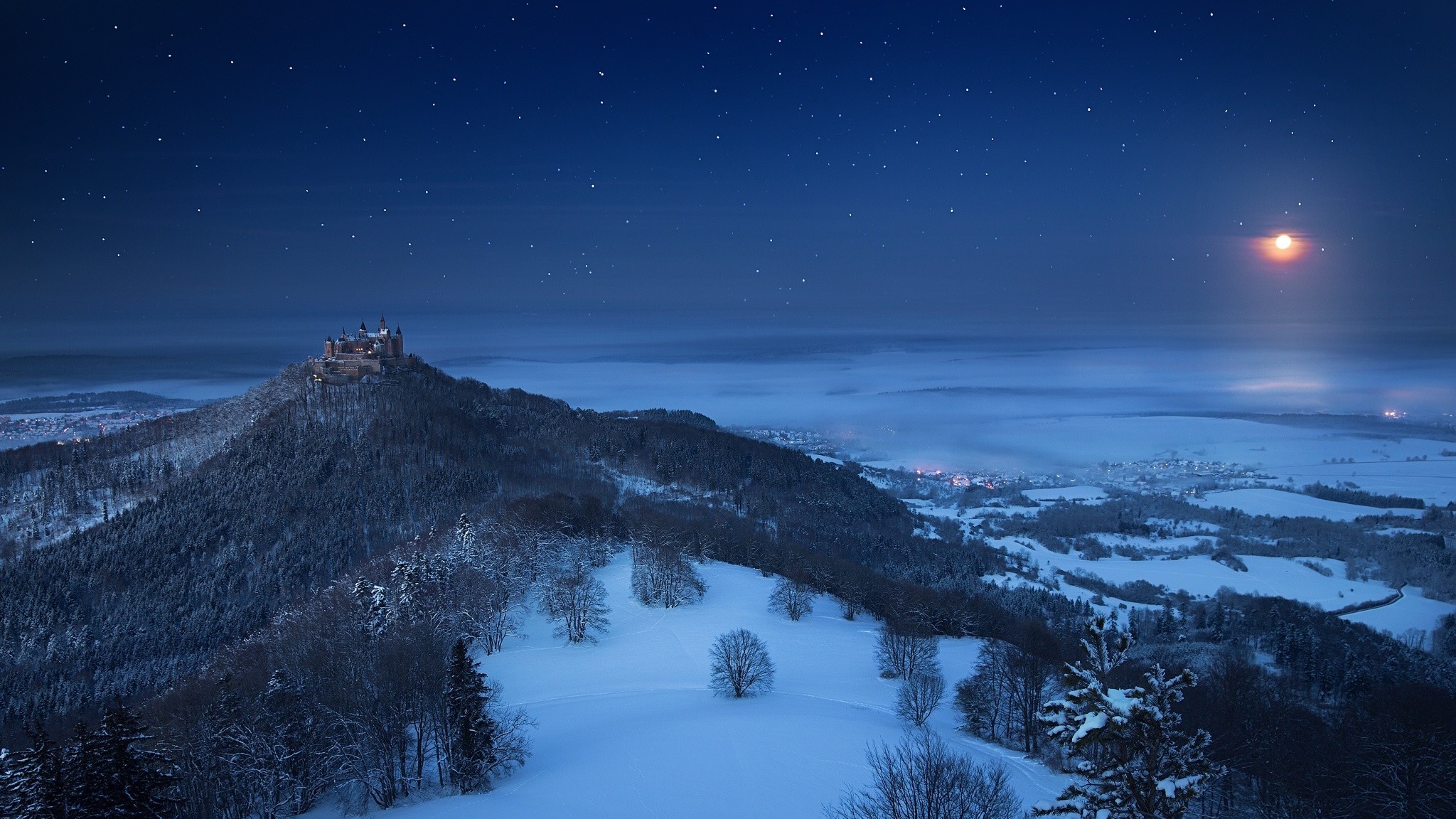 landscape, Nature, Winter, Castle, Snow, Forest, Moon, Starry Night, Moonlight, Valley, Germany Wallpaper