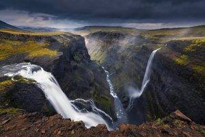 landscape, Nature, Waterfall, Canyon, River, Dark, Clouds, Iceland