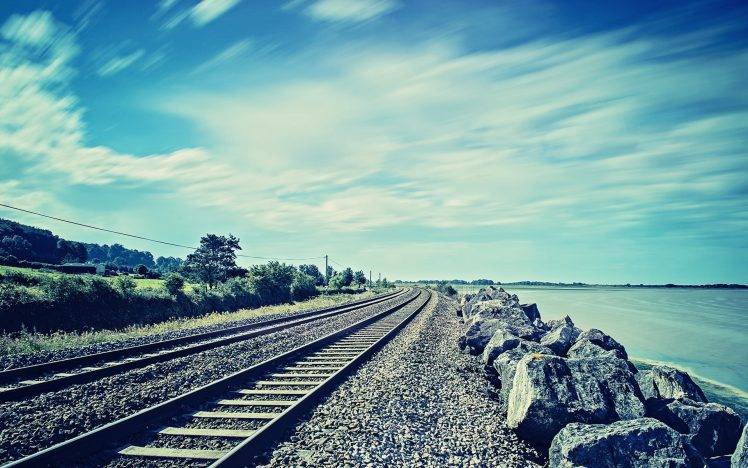 photography, Nature, Railway, Rock, Coast, Sea, Water, Landscape HD Wallpaper Desktop Background