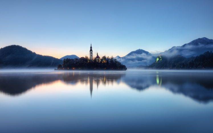 photography, Nature, Slovenia, Lake, Sunrise, Island, Church, Water, Landscape HD Wallpaper Desktop Background