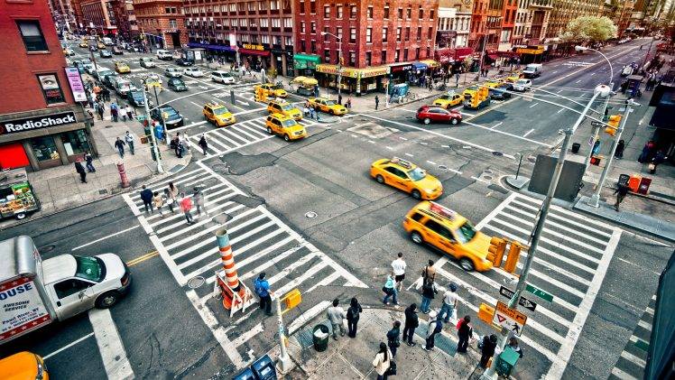city, Architecture, Cityscape, New York City, USA, Building, Car, Street, Urban, New York Taxi, Taxi, People, Crowds, Crossroads HD Wallpaper Desktop Background