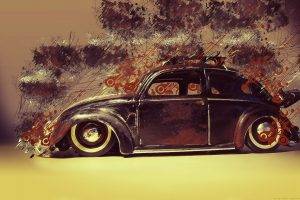 car, Old Car, Classic Car, Artwork, Digital Art, Volkswagen, Wheels, Volkswagen Beetle, Painting, Paint Splatter, Lines, Low Rider