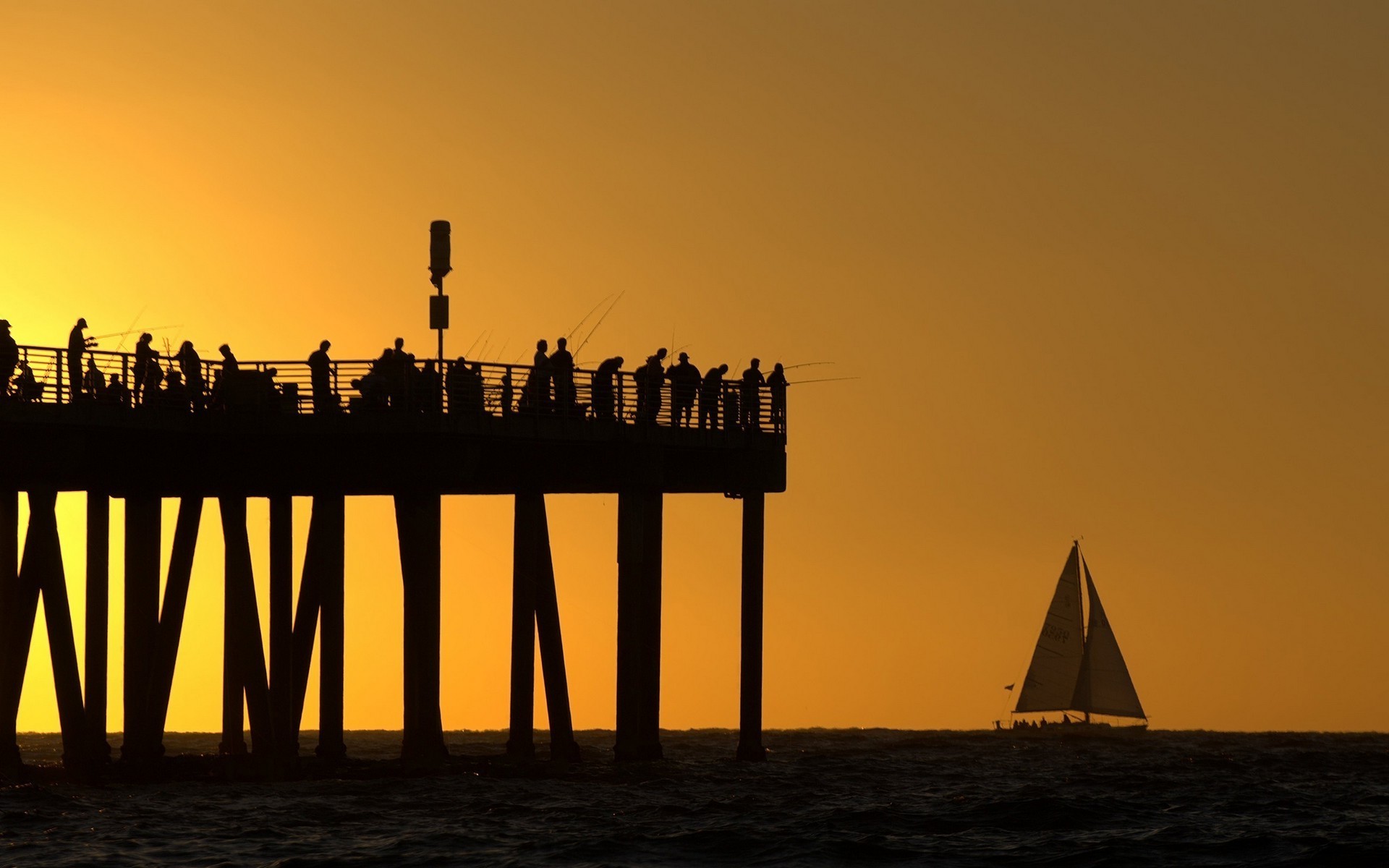 photography, Landscape, Sea, Pier, Sunset, Water, Fisherman, Sailing Ship Wallpaper