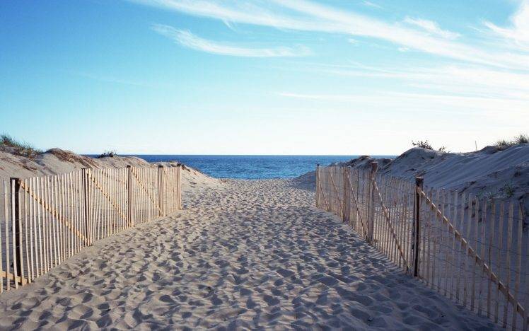photography, Landscape, Water, Sea, Beach, Sand, Fence HD Wallpaper Desktop Background