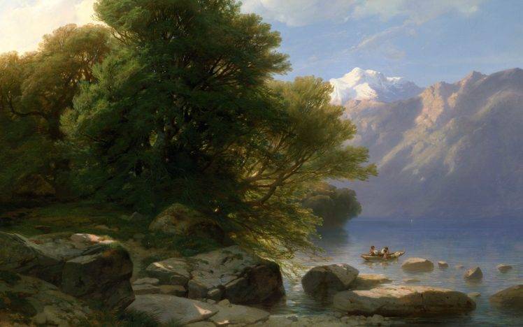 painting, Boat, Rock, Trees, River, Classic Art HD Wallpaper Desktop Background