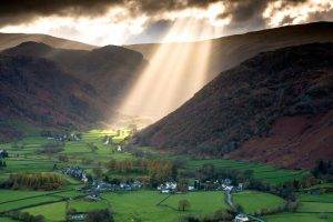 nature, Landscape, Clouds, Trees, England, UK, Sun Rays, Sunlight, Valley, Hill, Mountain, Forest, Grass, House, Village, Road