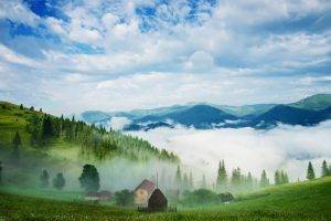 nature, Landscape, Clouds, Trees, Valley, Mountain, Hill, Mist, Field, Grass, Forest, House, Haystacks, Pine Trees, Morning