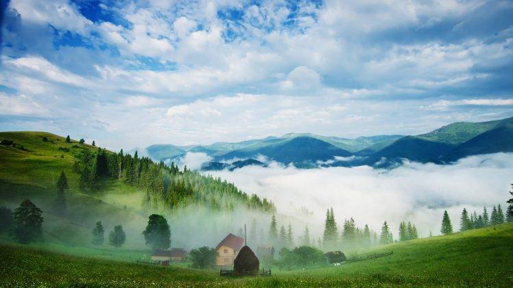 nature, Landscape, Clouds, Trees, Valley, Mountain, Hill, Mist, Field, Grass, Forest, House, Haystacks, Pine Trees, Morning HD Wallpaper Desktop Background