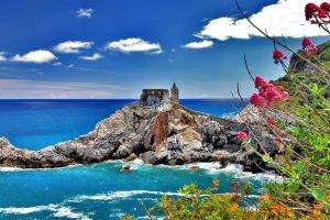 nature, Landscape, Clouds, Trees, Cinque Terre, Italy, Rock, Coast, Castle, Architecture, Tower, Sea, Branch, Leaves, Flowers, Waves, Summer, Horizon, Cliff