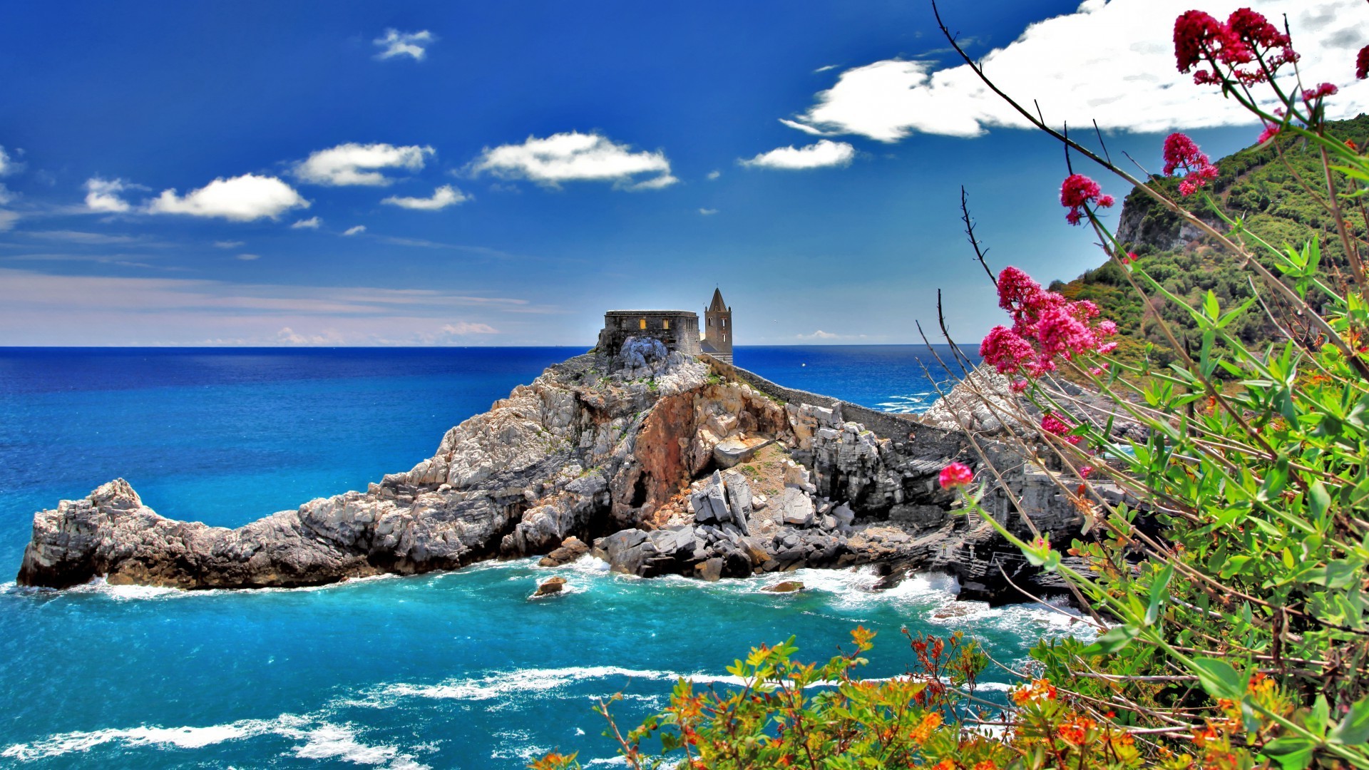 nature, Landscape, Clouds, Trees, Cinque Terre, Italy, Rock, Coast, Castle, Architecture, Tower, Sea, Branch, Leaves, Flowers, Waves, Summer, Horizon, Cliff Wallpaper