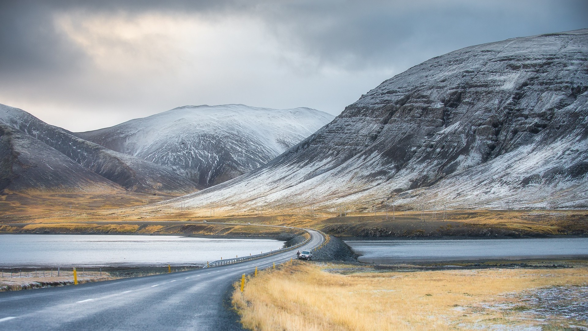 nature, Landscape, Clouds, Road, Hill, Mountain, Car, Men, Water, Lake, Snow, HDR, Field, Winter, Frost Wallpaper