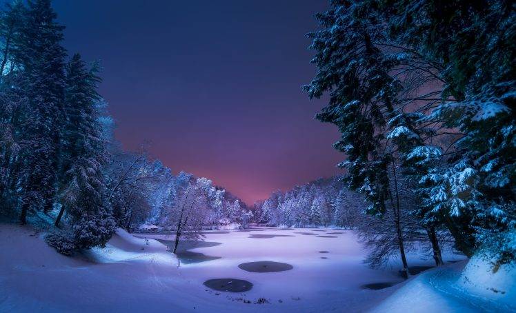 night, Landscape, Snow, Ice, Winter, Trees, Nature HD Wallpaper Desktop Background