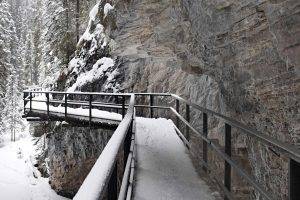 Canada, Winter, Nature, Landscape, Johnson Canyon, Bridge, Rock, Mountain, Canyon, Snow