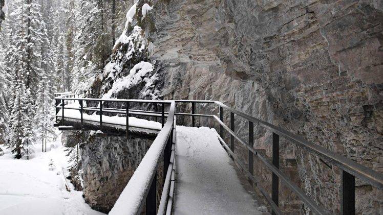 Canada, Winter, Nature, Landscape, Johnson Canyon, Bridge, Rock, Mountain, Canyon, Snow HD Wallpaper Desktop Background