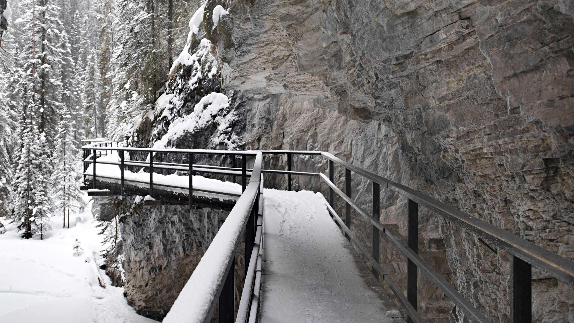 Canada, Winter, Nature, Landscape, Johnson Canyon, Bridge, Rock, Mountain, Canyon, Snow Wallpaper