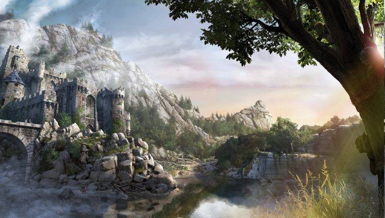 artwork, Fortress, Lake, Mountain, Fantasy Art, Concept Art, Gothic 4 HD Wallpaper Desktop Background