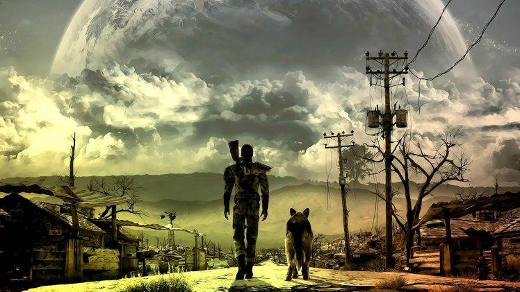 Fallout, Moonlight, Dog, Street, Fallout 3, Apocalyptic, Video Games, Colorful, Artwork, Digital Art, Fan Art HD Wallpaper Desktop Background
