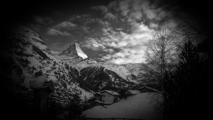 mountain, Nature, Monochrome, Gray, Switzerland, Matterhorn, Alps, Winter, Snow, Trees HD Wallpaper Desktop Background