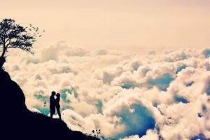 love, Silhouette, Clouds, Cliff