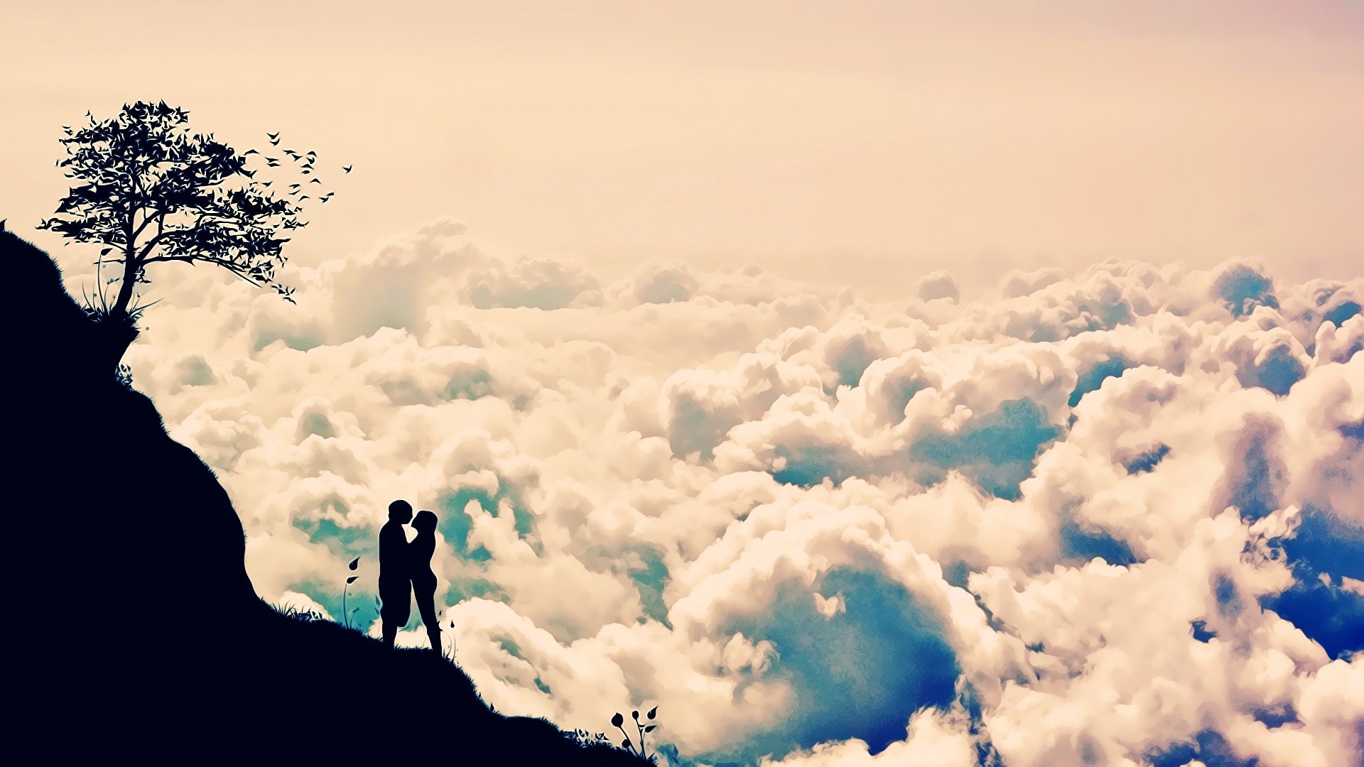love, Silhouette, Clouds, Cliff Wallpaper