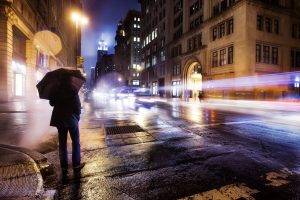 rain, Umbrella, Long Exposure, City, Road, Car, Lights
