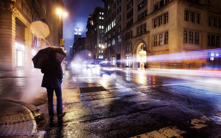 rain, Umbrella, Long Exposure, City, Road, Car, Lights HD Wallpaper Desktop Background