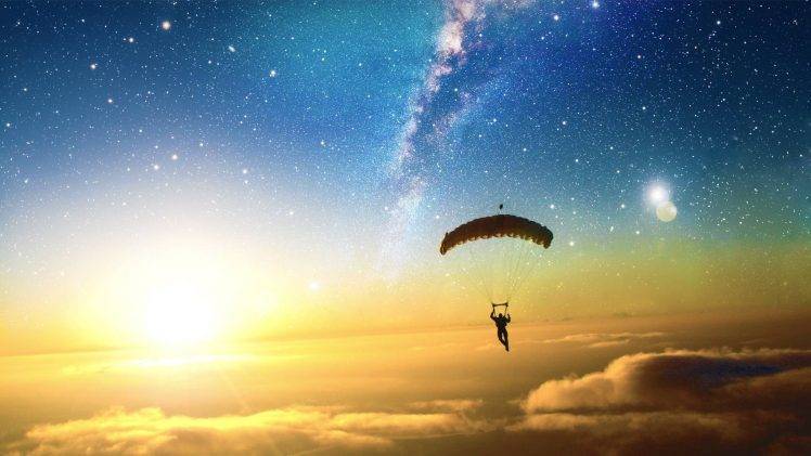 digital Art, Skydiving, Sun, Stars, Clouds, Liquicity, Parachutes HD Wallpaper Desktop Background