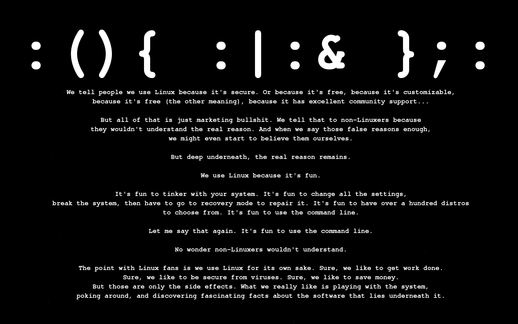 Linux, Forkbomb, Quote, Command Lines Wallpaper