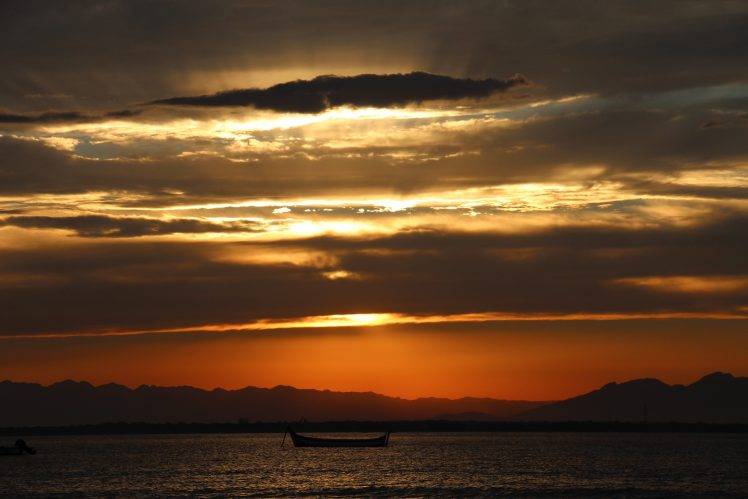 sunset, Sea, Landscape, Clouds, Beach, Boat HD Wallpaper Desktop Background